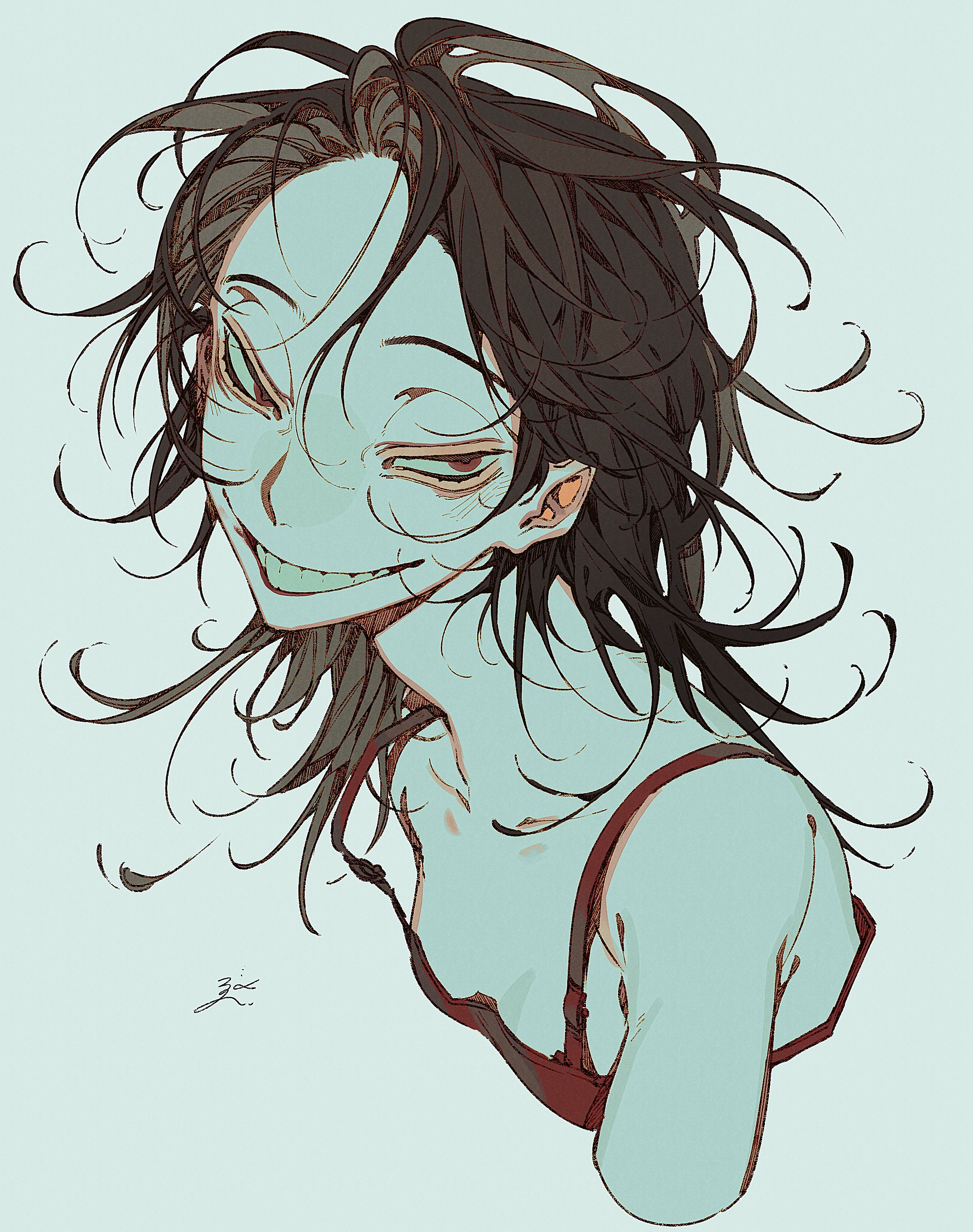 the image is a stylized anime or mangastyle illustration of a young woman's upper body. she has long, dark, windblown hair, and her skin has an unusual pale teal tone. her face features a distorted, unsettling smile and slightly exaggerated features that give her an overall creepy or whimsical expression. she is wearing a red swimsuit top, and her body is depicted in a somewhat casual, relaxed pose. the art style is characterized by flowing lines, light shading, and a slightly surreal atmosphere. the background is a pale teal, which complements the character's skin tone. the overall mood is a blend of the unsettling and the artistic, making for an intriguing visual piece.