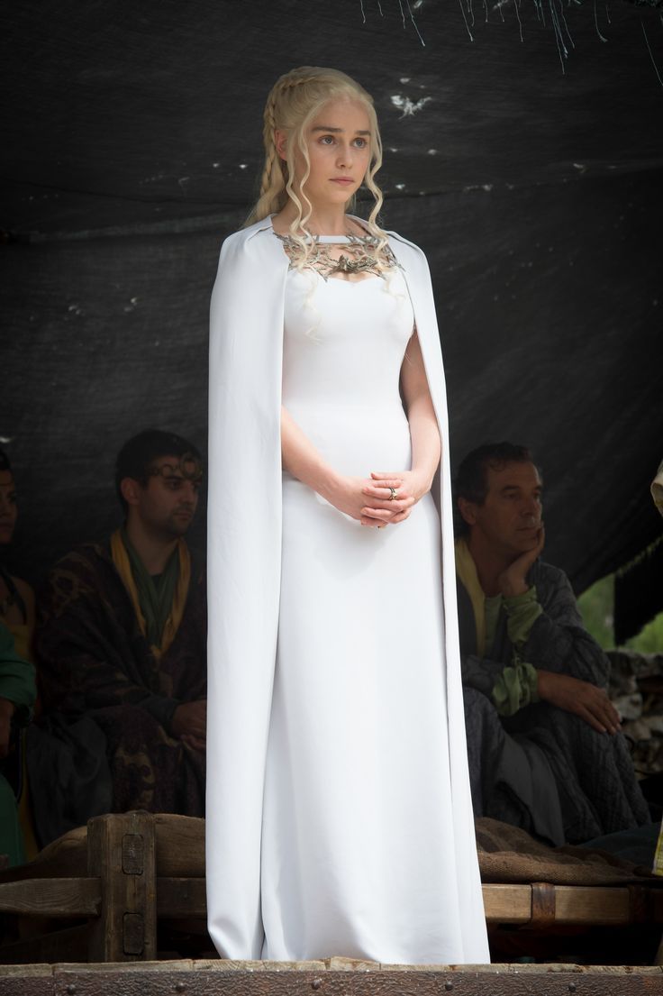 a full shot of daenerys targaryen, played by emilia clarke, in a long white dress and cape. she is standing with her hands clasped in front of her, looking somewhat serious and pensive. the background is dark and blurry, with other people visible but out of focus.  the overall setting appears to be a simple, rustic, medievalstyle scene, consistent with the game of thrones setting.  the image captures a moment of quiet contemplation or perhaps even apprehension from the character.
