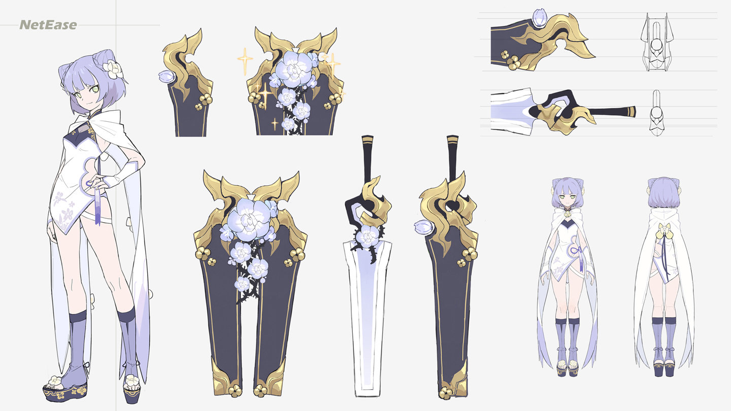 this image features a detailed character design sheet for an anime female character. the sheet includes various elements like the character's full body design, closeup views of her outfit and accessories, and different angles of her sword weapon. the character is drawn in a stylized anime style with a youthful and energetic expression. she has long, flowing lavender hair with decorative flower accents. the character is dressed in a white and purple outfit, with intricate details on the fabric and accents such as a ribbon and flowers. the sword has a sleek and elegant design with a flowing handle and a blade decorated with flowers. the character sheet overall is a welldesigned and detailed reference for a visually appealing character.