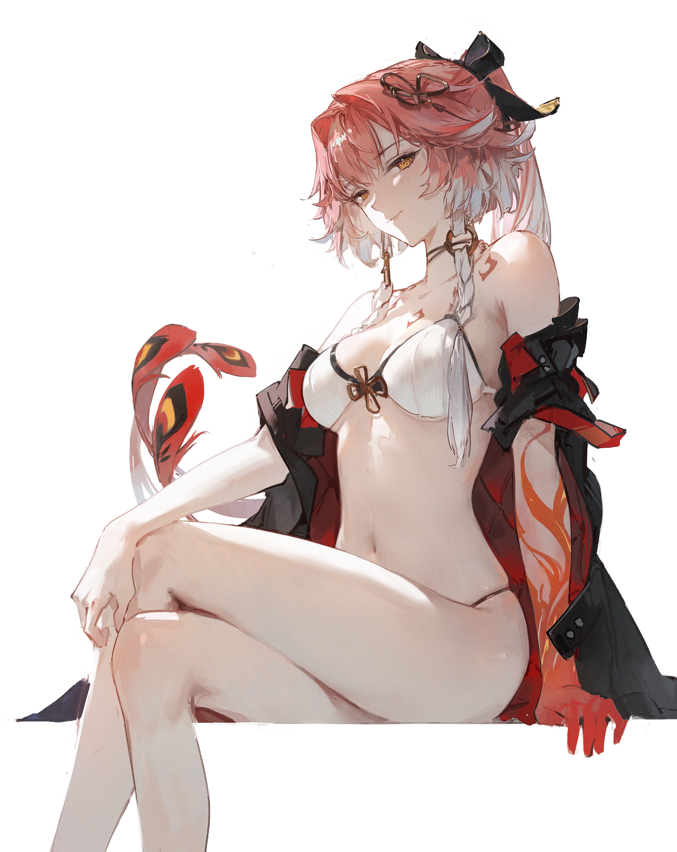 the image is of an anime girl with pink hair, red eyes, and a white shirt, black jacket. she is sitting with her legs crossed and smiling at the camera. she is looking beautiful, cute, sexy, and attractive.