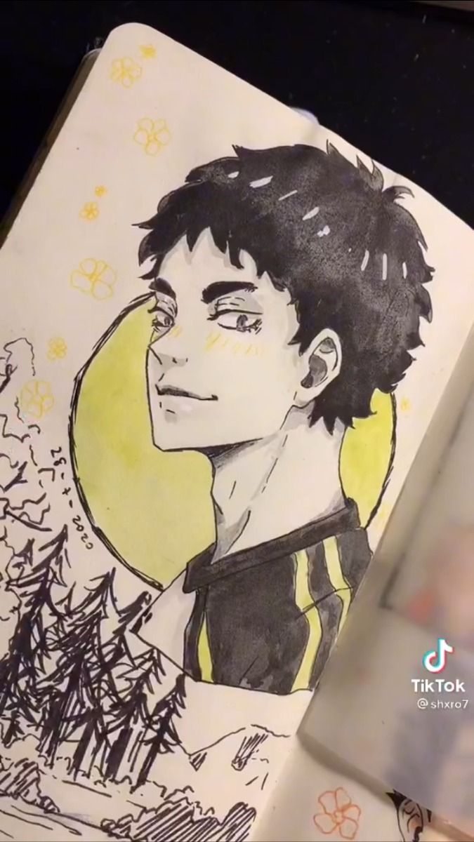 the image shows a detailed ink and watercolor drawing of an animestyle male character. the character has short, dark hair, expressive eyes, and a calm, almost serene expression. he's depicted wearing a dark shirt with yellow stripes.  the background of the drawing features a stylized landscape with mountains, trees, and small yellow flowers, creating a peaceful atmosphere.  the drawing is done in a sketchbook, and a tiktok watermark is visible in the bottom right corner.  the style suggests fanart, possibly of a character from an anime or manga. the overall feel is artistic and evocative.