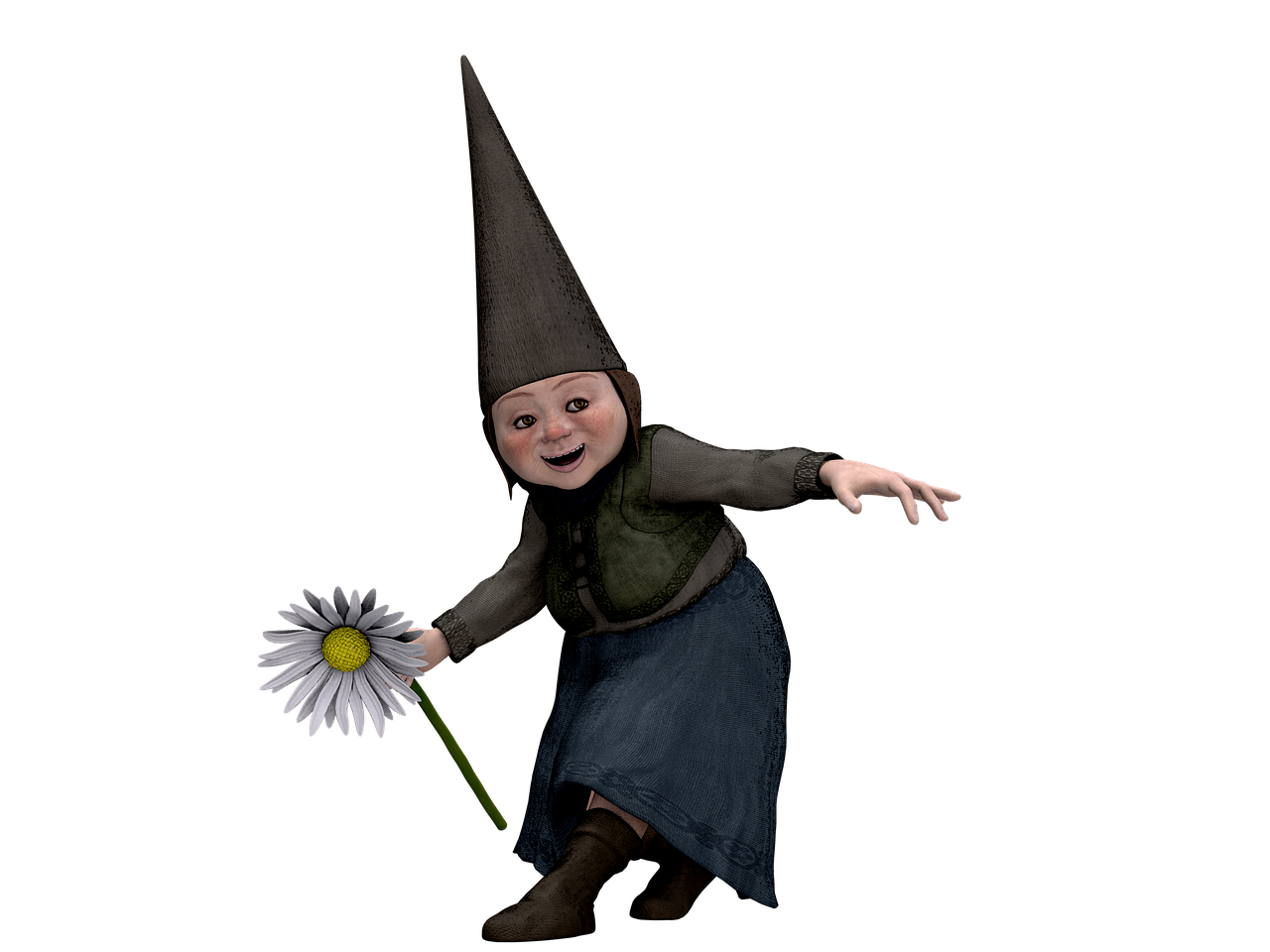 a 3d rendered image depicts a gnomelike female character wearing a tall, conical hat. she is smiling and holding a daisy flower in her left hand. the gnome is dressed in a medieval style with a gray jacket, a green vest, and a long blue skirt. she is standing in a slightly leaning pose, with her right hand extended. the background is plain black.