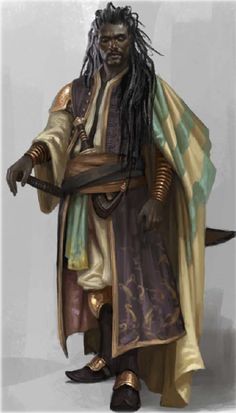 the image showcases a black man with long dreadlocks, dressed in elaborate, layered attire reminiscent of a warrior or a pirate from a fantasy setting. he stands against a neutral gray background, illuminated by soft studio lighting that emphasizes the details of his clothing and accessories. he holds a sword in his left hand, its hilt resting by his side. his expression is serious and contemplative.