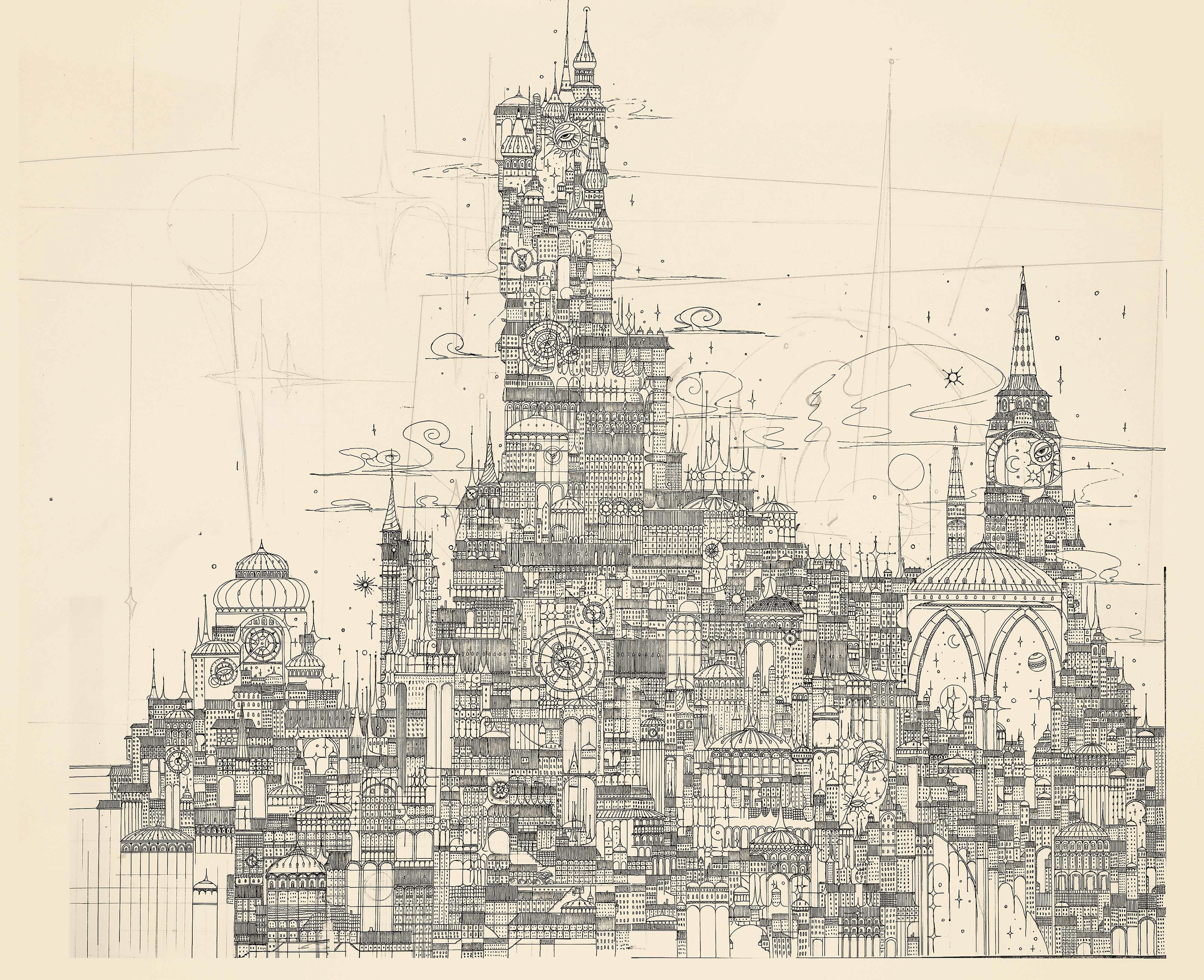 the image is a meticulously detailed black and white line drawing depicting a fantastical cityscape.  the style is reminiscent of architectural blueprints or a highly detailed technical illustration, but with fantastical elements. the city is densely packed with a variety of buildings, ranging from ornate domes and spires to clockworkinspired towers. a prominent feature is a large, complex tower that resembles a highly intricate clockwork mechanism or a combination of various architectural styles, perhaps inspired by a steampunk aesthetic. other structures include buildings with archways, various shapes of domes, and structures that seem interlinked and layered upon one another, creating a sense of depth and height. the overall impression is one of a vibrant, busy, and imaginative city that blends elements of realworld architecture with fantastical, mechanical details.  light pencillike sketch lines are visible in the background, suggesting a possible planning or design stage of the drawing.