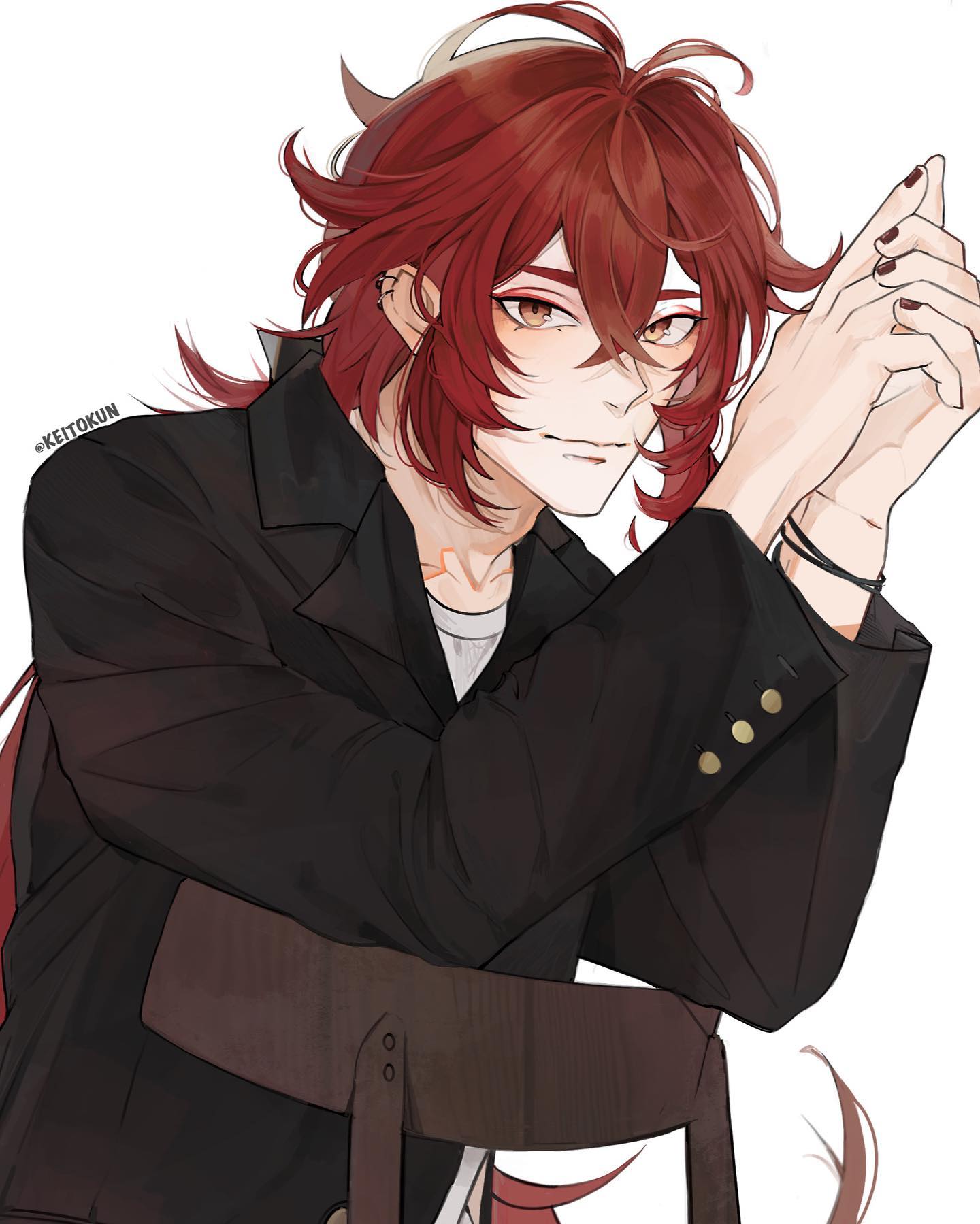 the image is a digital fanart illustration depicting a stylish young anime boy with long, vibrant red hair. he's wearing a darkcolored jacket and appears confident and possibly elegant. the art style is reminiscent of anime and manga, with soft shading and coloring. he is seated on a chair, and his pose is quite relaxed and selfassured.  the overall aesthetic is clean, artistic, and visually appealing, potentially fitting the style of an otome game character.