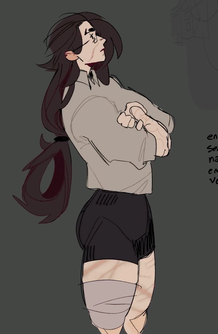 the image is a digital drawing of an animestyle character. the character is a young person with long dark hair tied back in a ponytail. they're wearing a light beige, longsleeved shirt and dark shorts. they have glasses on and their arms are crossed. the character has several noticeable scars on their legs, which are bandaged. their expression is somewhat melancholic. the background is a dark, muted grayish green. the style is a loose sketchlike style, with visible line work.