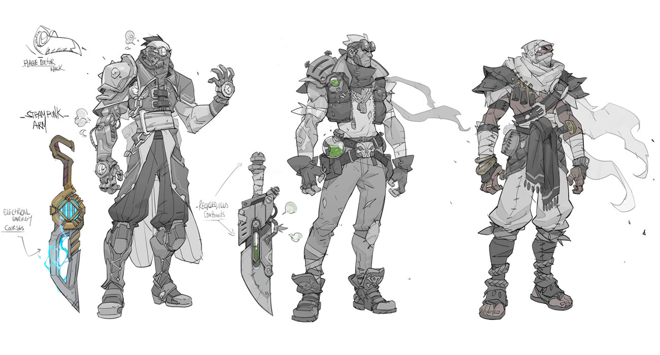 the image shows three character designs in a steampunk style. the first character is a doctor wearing a white coat, a mask and a large energy core on their arm. they hold a sword that is made of recycled parts and a large energy core. the second character is a cyberpunk warrior with a cybernetic arm, a large potion, and a recycledlooking sword. they are wearing leather pants and a vest with a large skull on the back. the third character is a warrior wearing a white mask and a white robe. they are wearing bandages on their arms and legs. they have a knife on a chain and a large cloth wrapped around their body.