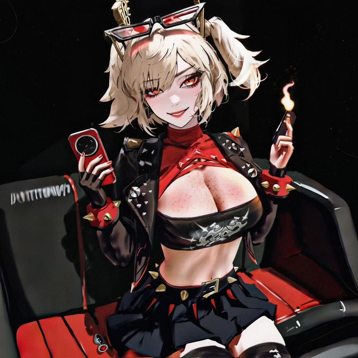 the image features an animestyle girl with blonde hair wearing a black leather jacket, a red top, a black skirt, and shorts. she is sitting in a chair and holding a phone in one hand and a lighter in the other. she appears to be about to light a cigarette. her expression is confident and cool. the image is styled with dark colors, punk rock aesthetics, and edgy details.