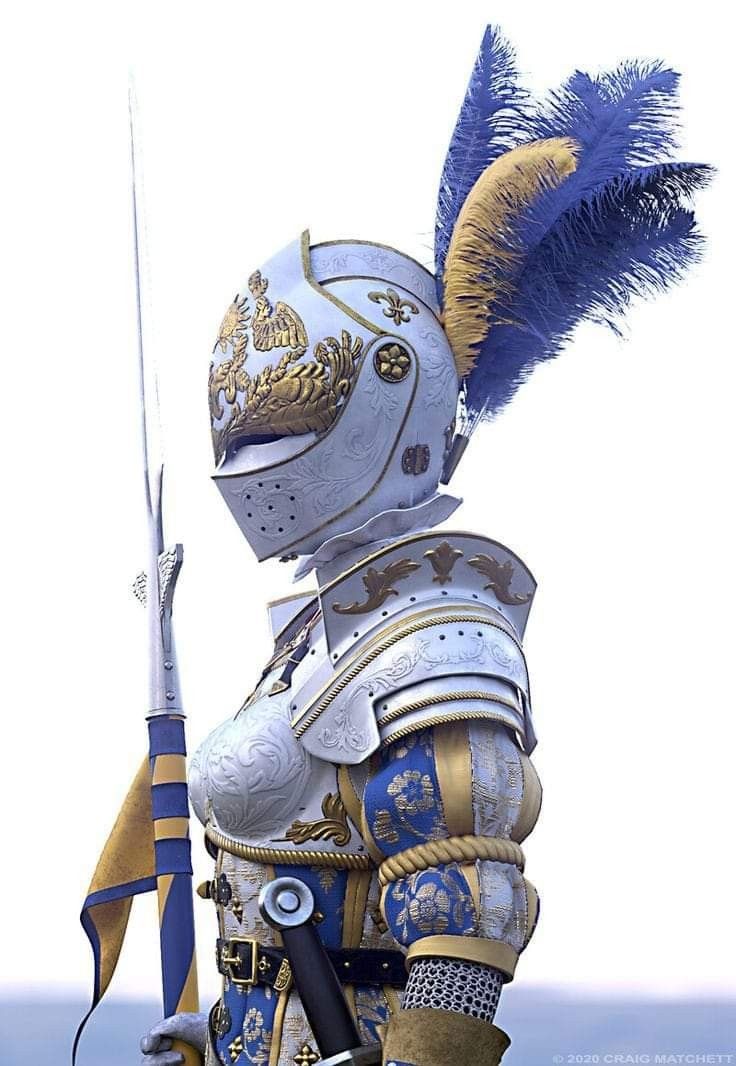 a woman dressed in medieval armor, with a helmet, sword, and shield. she is standing in a warrior pose, ready for battle.