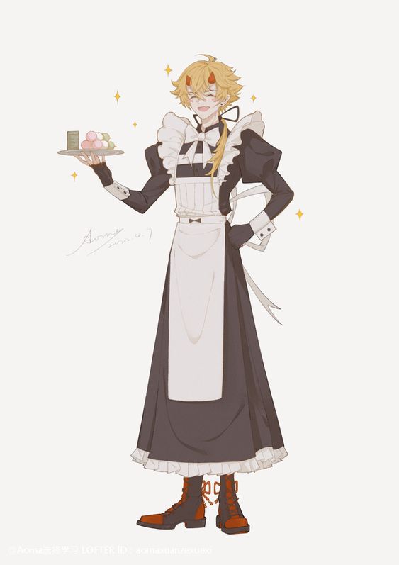 this image features a digital drawing of an animestyle character, likely male, dressed in a stylized maid outfit. the character has blonde hair, red horns, and is holding a serving tray with a drink and sweets. the style is reminiscent of fan art and is set against a plain white background. the overall aesthetic is soft and delicate due to the muted color palette and soft lighting.