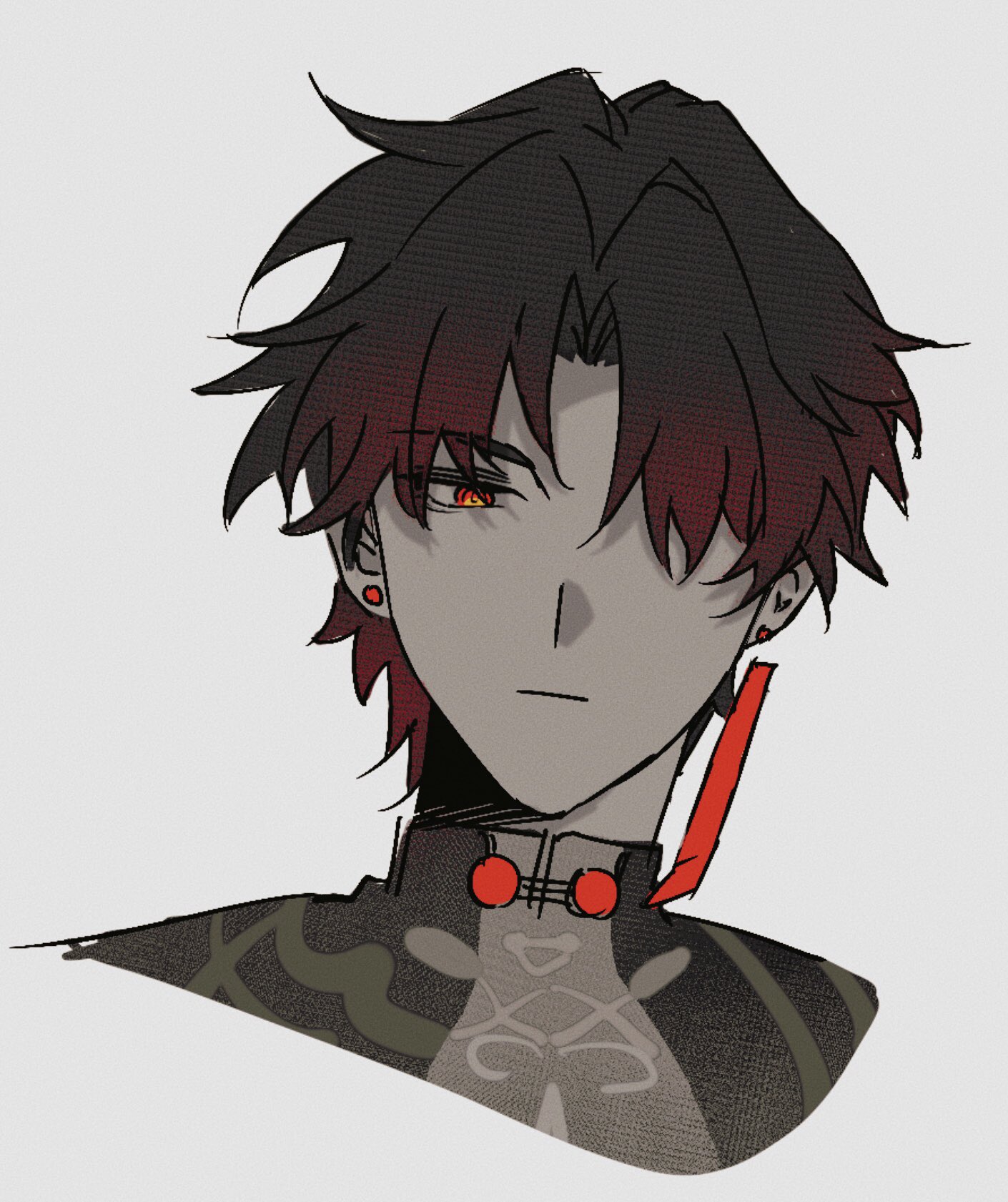 this is a digital illustration of a young male anime character. he has dark red hair with black highlights, red eyes and red earrings. he is wearing a traditional chinesestyle collar with a patterned shirt underneath. he has a serious expression on his face and looks directly at the viewer. the background is plain gray. the overall style of the illustration is manga and anime.