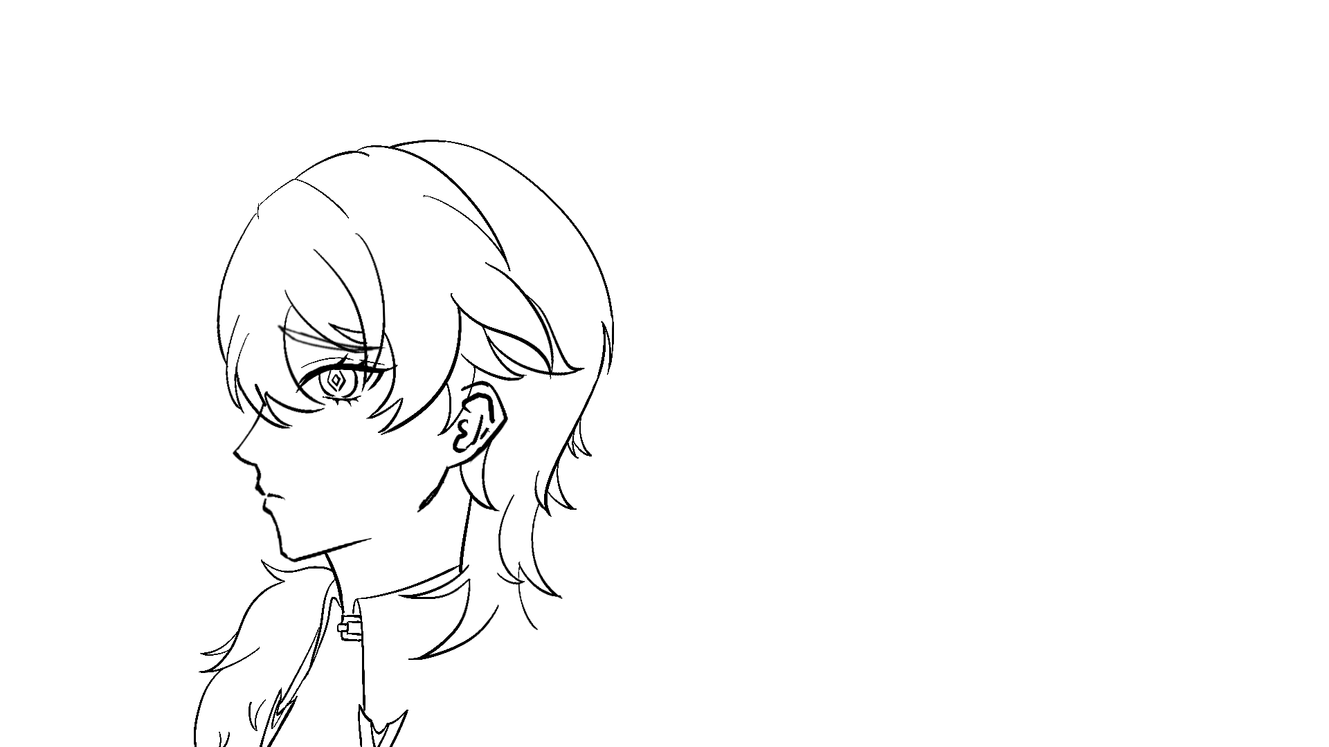 a black and white line art portrait of an anime boy in side view. he has short, wavy hair, a detailed eye, an ear, and a collar.