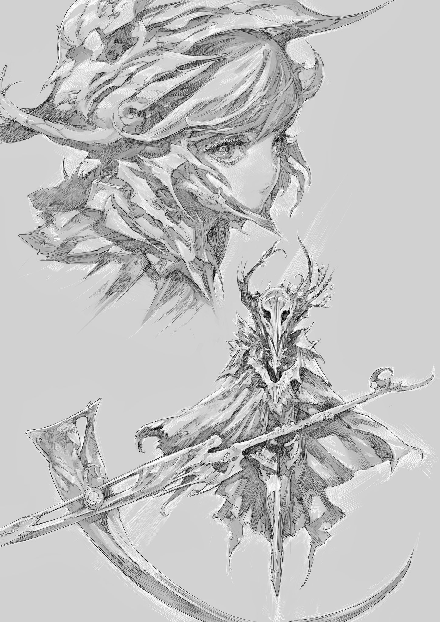 the image presents two sketches of a female warrior character in a dark fantasy style.  the top sketch is a detailed bust portrait, showcasing her face and ornate horned helmet.  the bottom sketch depicts the full figure of the warrior, clad in armor and a flowing cloak.  she wields a sword and a large scythe, and her helmet features a prominent skull motif. the style is rough and expressive, using a range of pencil strokes to create volume and texture.  the overall impression is one of power and menace.