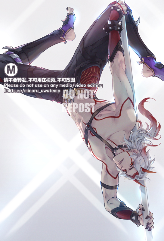 the image is a digital illustration of a male anime character with white hair and red eyes. he is upside down and holding onto a pole with his hands. he is wearing a red