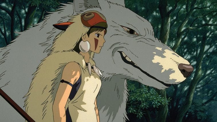 the image shows a woman and a wolf standing sidebyside in a forest. the woman is wearing a white robe and a red headdress, and she is holding a spear. the wolf is large and gray, with sharp teeth and claws. the forest is dense and green, with tall trees and thick undergrowth. the lighting is ambient, and the image has a side view perspective.