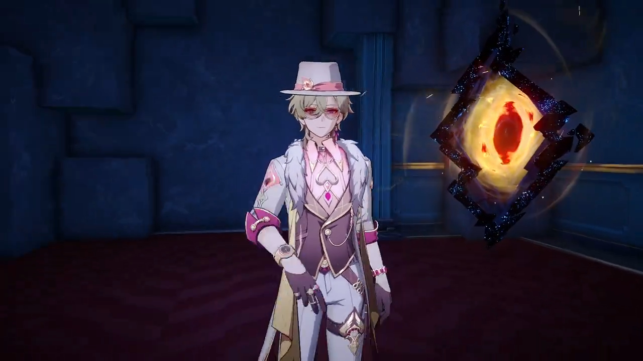 a male anime character with blonde hair is wearing a hat, white coat,  pink and gold accents, and glasses. he is standing in a dark room with a glowing red light in the background.