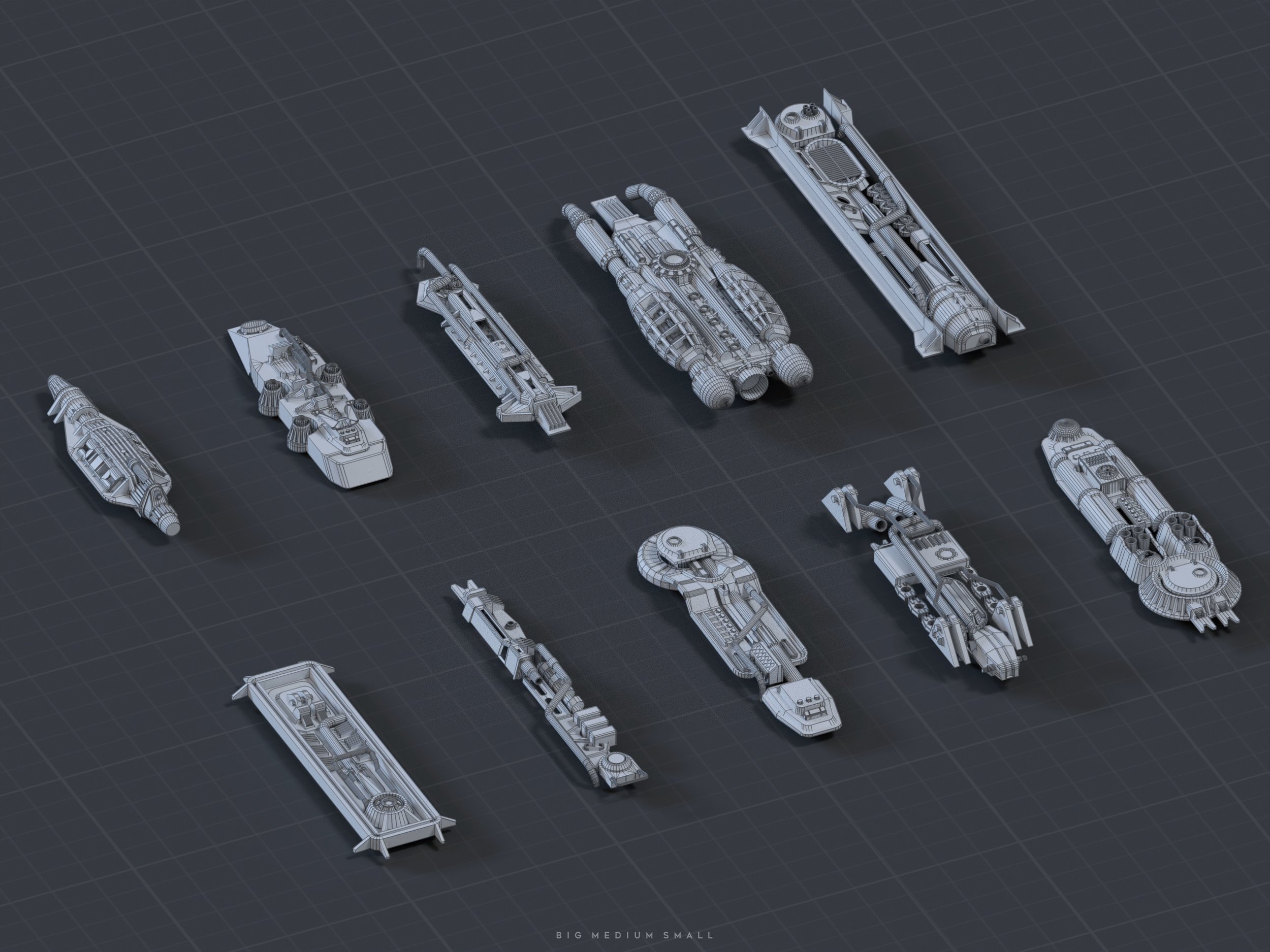 the image showcases a collection of twelve 3d wireframe models of spaceships, presented in different sizes, ranging from "big" to "medium" to "small." these models are intricately detailed, showing internal structures and mechanical components. the spaceships have various shapes and designs, reflecting a diverse scifi aesthetic. the models are rendered in a consistent grey tone against a dark grey gridded background, giving a clean and technical look.  the image is likely a presentation of assets for a video game, animation, or other creative project.  the bottom right corner includes the text "big medium small" indicating the sizing comparison.