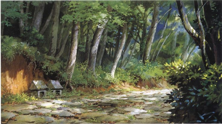 the image depicts a vibrant forest scene with a pathway made of stones leading through the trees. sunlight filters through the dense canopy, illuminating the path and highlighting the lush greenery. on the left, near a small hill, there are two tiny, houselike structures. the overall impression is one of tranquility and natural beauty.