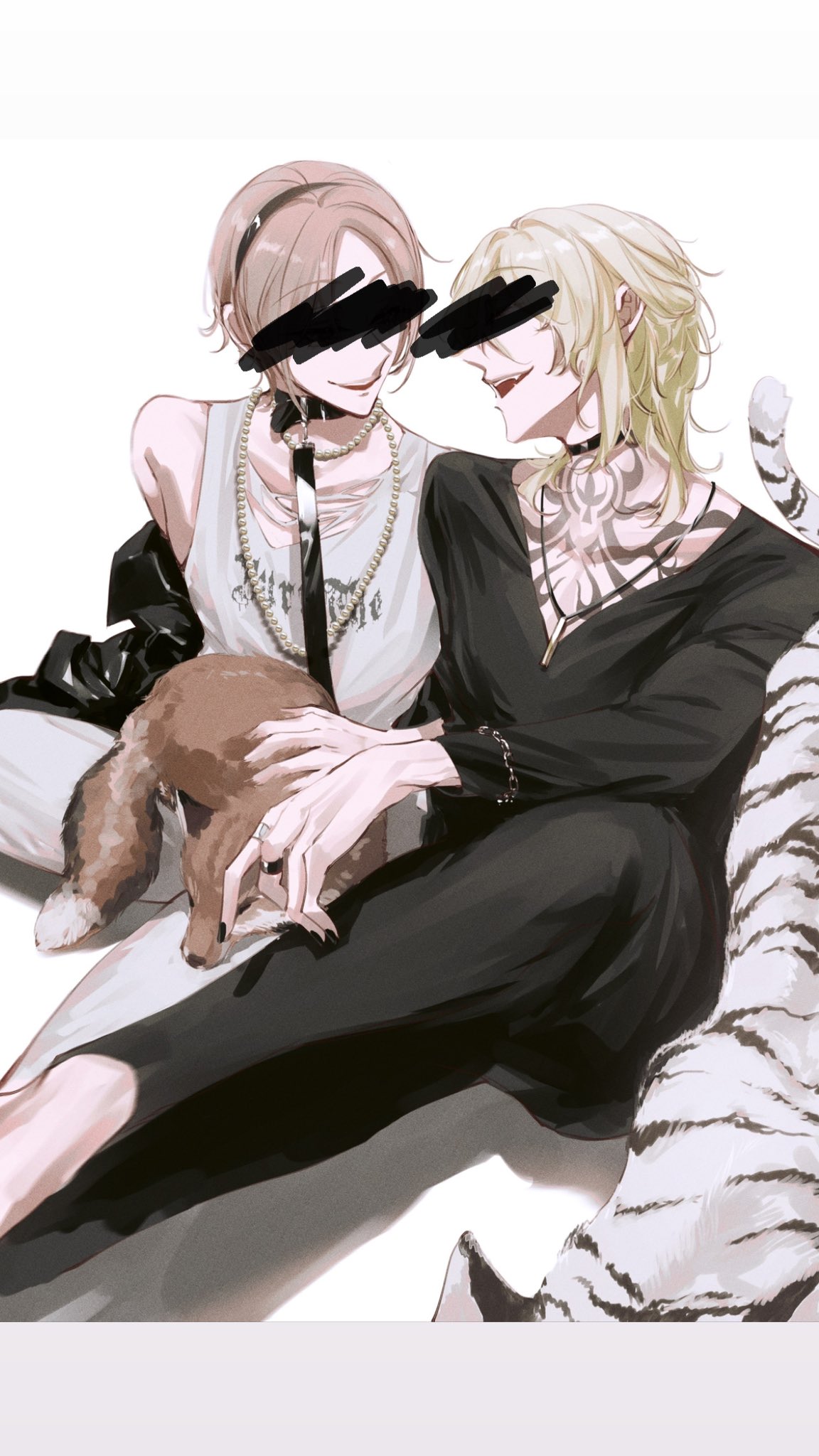 two anime girls in black and white clothing are sitting on a white background, and the girl on the left is holding a furry animal in her lap. the girl on the right is sitting with her arm on the left girl's shoulder. they are both looking at the camera, and the girl on the right is smiling. the background is a simple white background. the girl on the left is wearing a white tank top and a black jacket, and the girl on the right is wearing a black shirt. the girl on the left is wearing a necklace with a cross pendant.  the furry animal is white with black stripes.