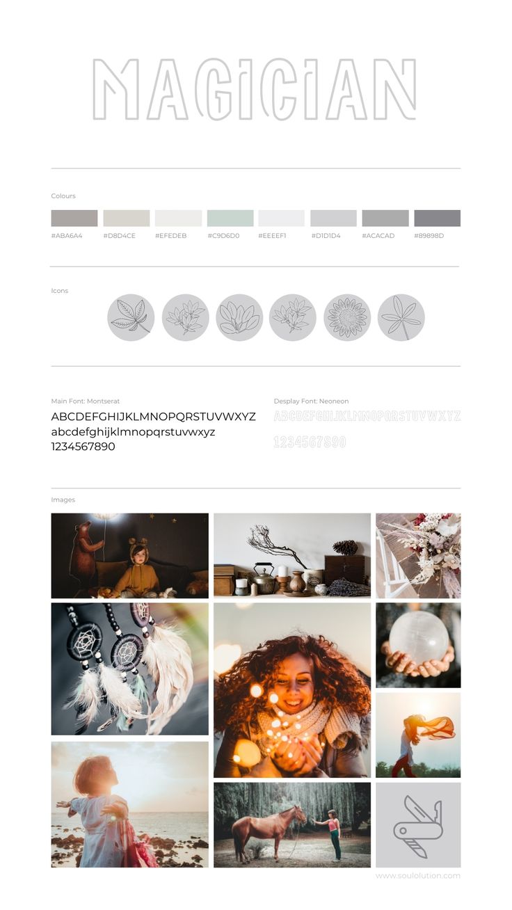 the image is a style guide for the word "magician", consisting of the branding colours in various shades of gray, green, white, and brown. there are icons with different kinds of leaves. the fonts used are montserrat and a faded font called neoman. the images consist of different kinds of photography, including a person in a forest with a bear, a collection of items, a dreamcatcher, a woman holding a bunch of small lights, a kid throwing a blanket in the air next to the ocean, a horse with a person in the forest, and a pocketknife.