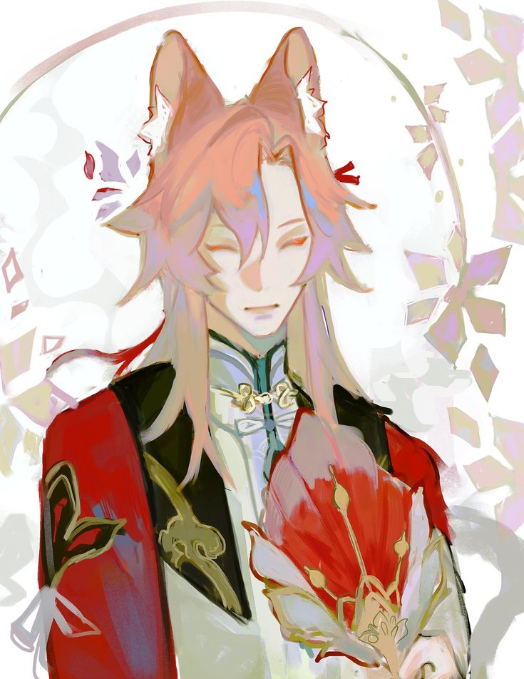 the image is a digital painting of an animestyle male character. he possesses long, flowing pink hair and noticeable fox ears, suggesting a fantastical or mythical element.  he's dressed in elaborate, ornate red clothing with gold detailing, which appears to be inspired by traditional east asian styles. he holds a large, decorative flowershaped fan. the art style is loose and painterly, using soft, light colors and brushstrokes to create a dreamy and slightly ethereal atmosphere. the background features soft, muted colors and swirling designs that complement the character's overall aesthetic. the character’s expression is calm and peaceful. the overall style suggests it may be fanart, potentially of a character from a game like genshin impact, given the character's design and the style of the artwork.