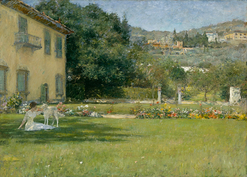 the image is a painting depicting a sunny garden landscape, likely in italy, in an impressionistic style. a woman in a light dress is seated on the lawn, interacting with a white dog. a yellow villa is on the left, partially hidden by trees. colorful flower beds line the garden, and in the background, there is a rolling landscape with other buildings. the overall mood is serene and idyllic.