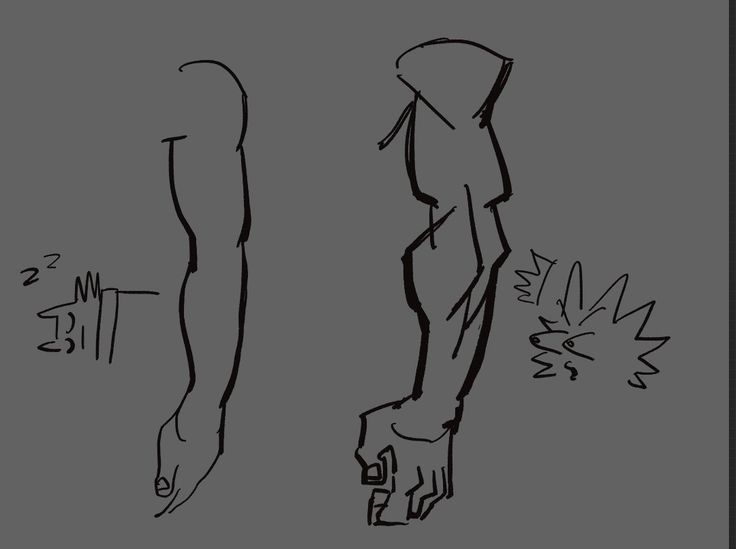 a sketch of two arms. the left arm is drawn in a more relaxed pose with the hand slightly bent. the right arm is drawn in a more tense pose with the hand clenched into a fist. the right arm is also more detailed, showing the muscles of the bicep, tricep, forearm, and hand.