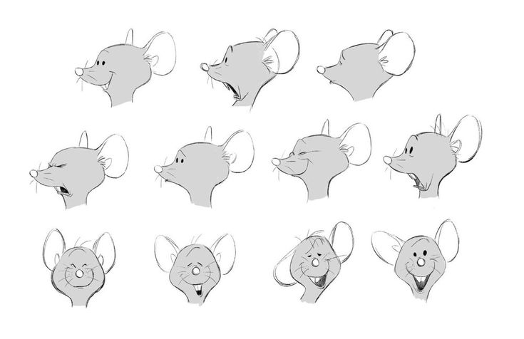 the image shows a series of sketches of a cartoon mouse head, displaying various emotional expressions and viewpoints. there are profile views showing different moods like smiling, anger, and surprise, along with frontfacing views depicting happy and content expressions. it appears to be character design sketches or an animation reference sheet for creating a cartoon mouse character.