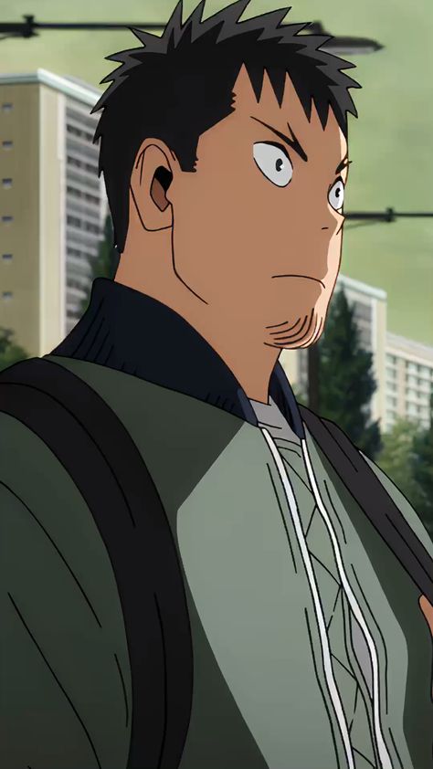 the image features a young man with short, dark hair and a determined expression. he is wearing a green jacket with white accents and a black backpack slung over one shoulder. his gaze is directed offcamera to the right, conveying a sense of alertness or concern. the setting appears to be an urban environment, with tall buildings and trees visible in the background. the overall tone of the image is one of suspense or anticipation.  content: man, backpack, city, anime people: man  environment: city, outdoors lighting: daytime, natural light perspective: eyelevel kw: anime, manga, portrait, male, serious, urban, cityscape
