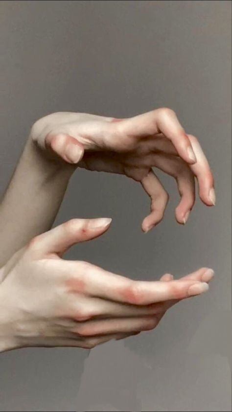 the image is a closeup, highly detailed depiction of a pair of female hands.  the hands are pale and appear soft and delicate. one hand is slightly cupped, as if offering or receiving something, while the other hand is gracefully positioned above it, its fingers extended. the lighting is soft and diffused, highlighting the subtle texture and veins of the skin. the background is a muted, neutral gray, which draws focus to the hands themselves. the overall style suggests a piece of fine art, possibly a painting or digital painting, and has an almost ethereal or classical quality.  the extreme detail and realism make it appear almost lifelike.