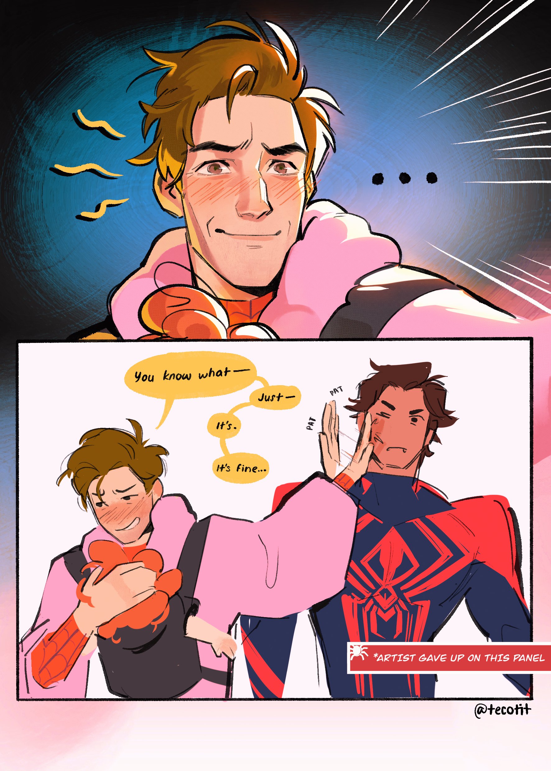 the image is a comic book style art depicting spiderman. in the image, spiderman is shown in his suit and is talking to another person. the art style is cartoonish, and the colors are vibrant. the image is set in a bright and sunny day and uses a vibrant color scheme.