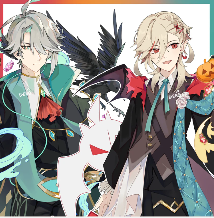 this is a digital fanart depicting two genshin impact characters, albedo and scaramouche, dressed in halloween costumes.  albedo is on the left, in a teal and black outfit with raven wings, while scaramouche is on the right, wearing a dark suit with a red cape and teal accents.  both characters are styled elegantly, and the overall aesthetic is dark and spooky, incorporating halloweenthemed elements like candy, a pumpkin, and bat wings. the art style is detailed and smooth, with a focus on character design and costume details. the background is simple, allowing the characters to be the focal point. the image is wellcomposed and visually appealing.