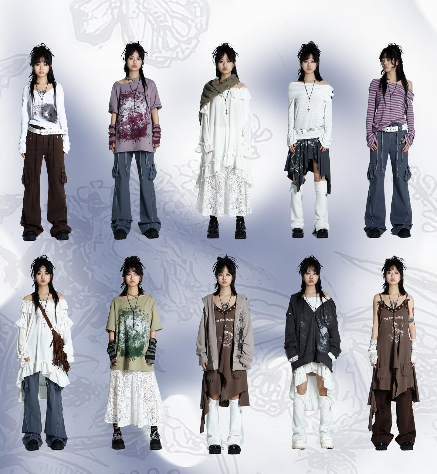 the image showcases a fashion photoshoot featuring ten female models each wearing a unique outfit. the style is a blend of grunge, alternative, and dark academia elements. each model is posed individually against a white background with a subtle, almost watercolorlike floral pattern.  the clothing features various textures and styles: cargo pants, lace dresses, longsleeved shirts, distressed clothing and skirts, layered pieces, and boots. the models are styled consistently with a dark, slightly edgy aesthetic. the overall feel is that of a promotional shot for a clothing collection.