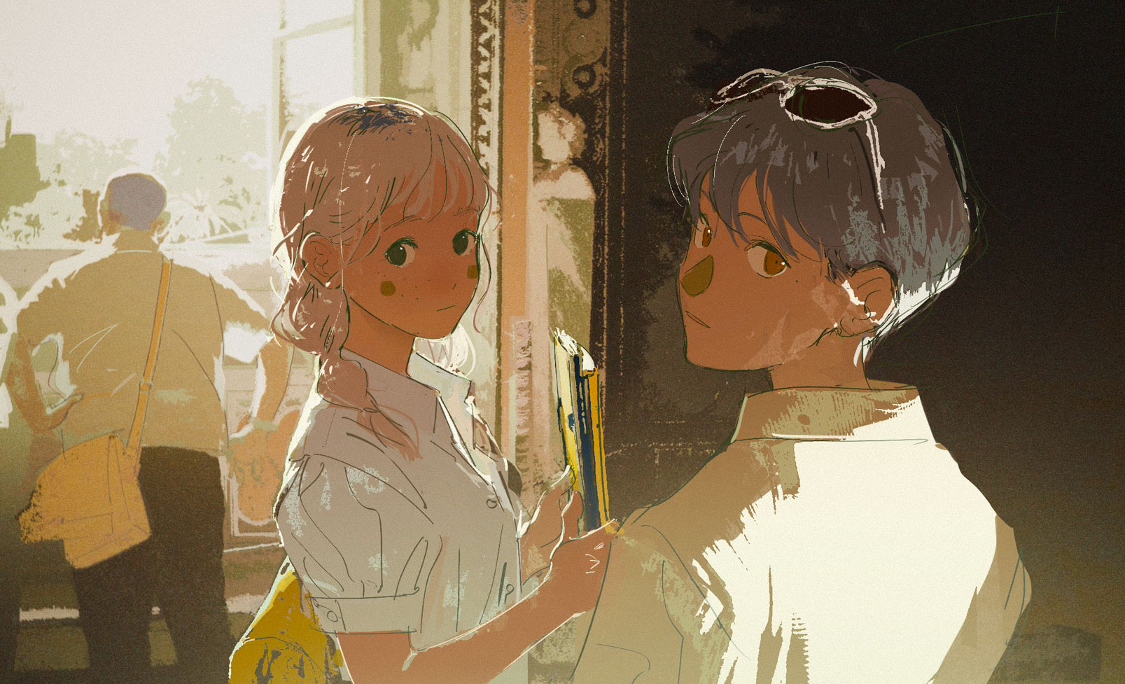 the image portrays a young couple standing at a train station, bathed in warm, sunny light. the woman, with her back to the viewer, is handing something to the man who faces her. their expressions are gentle and intimate, suggesting a close bond. the overall atmosphere is romantic and filled with anticipation, possibly hinting at an upcoming journey. the background depicts other people and the train platform, adding to the bustling atmosphere of a summer day.