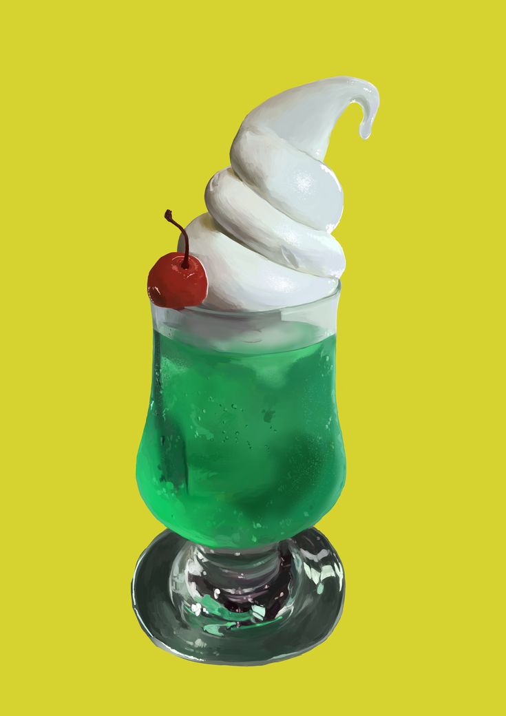 a green soda with whipped cream and a cherry on top, served in a tall glass. the soda is bright green and looks refreshing. the whipped cream is white and fluffy, and the cherry is red and glossy. the drink is sitting on a yellow background.  it is a japanese soda float known as a "cream soda" or "matcha soda float".  the bright green color of the drink suggests a matcha or green tea flavor. it's a popular and refreshing drink, especially in japan, perfect for a hot day.