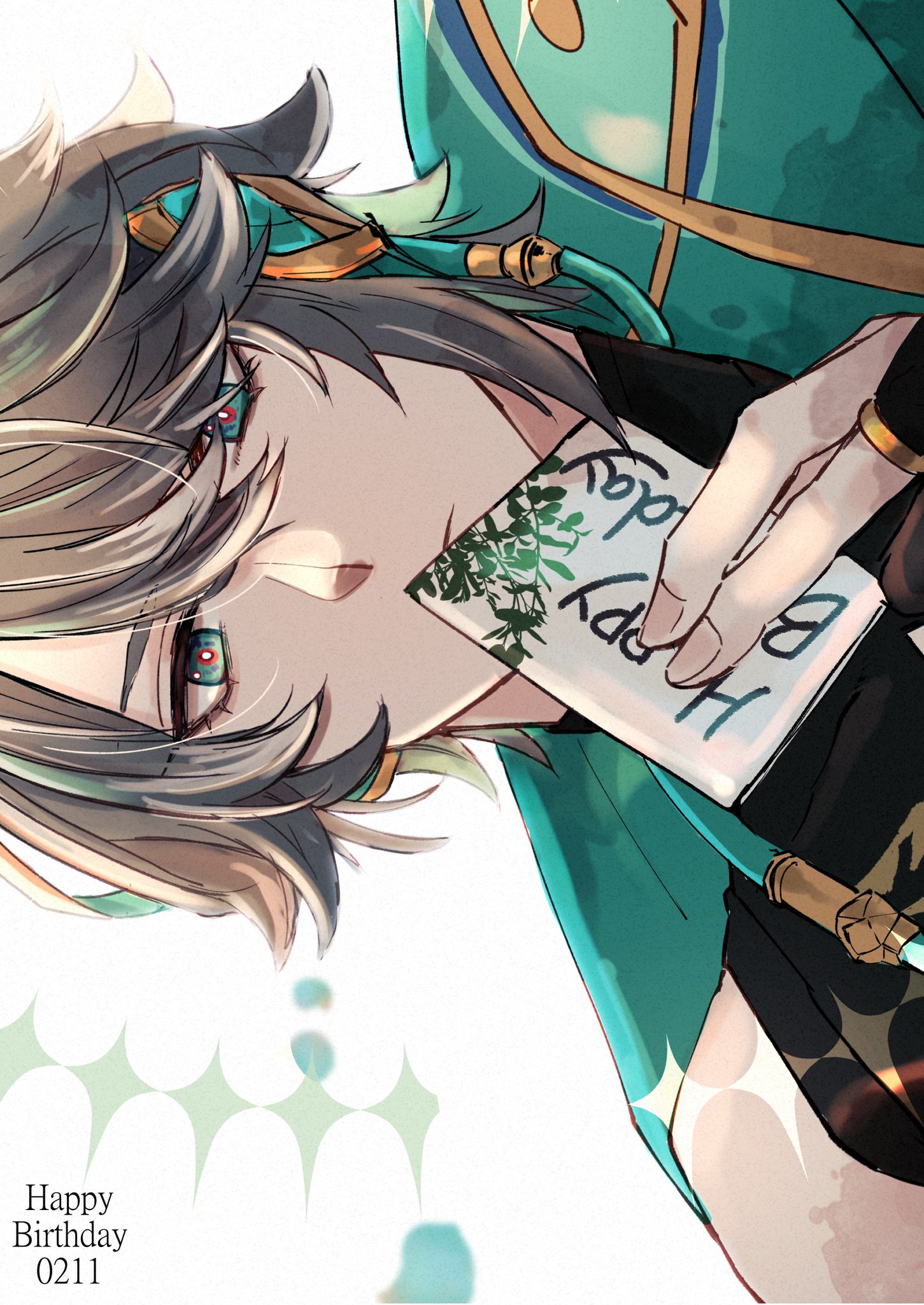 this is a digital art illustration of an anime boy with green and blue hair holding a birthday card in his hand. he is wearing a green and gold outfit and has red eyes.  the background is white and has sparkles on it. the caption in the bottom left corner says "happy birthday 0211".