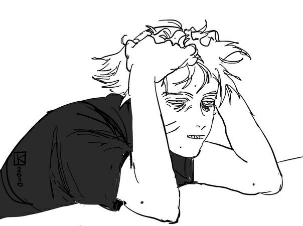the image is a black and white sketch of a young animestyle male character. he appears tired and stressed, with his hands on his head as he slumps over. his expression is one of weariness and possibly worry. he's wearing a darkcolored shirt. the drawing style is loose and expressive, with visible line work and shading. the overall tone is somber and suggests emotional distress.
