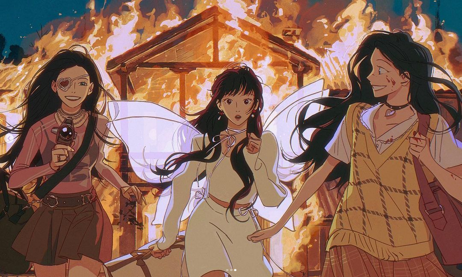 the image is a beautiful illustration of three anime girls running away from a burning house. the girl in the middle is dressed in a white dress and has white feathery wings. the girl on the left is dressed in a pink shirt and a black skirt. the girl on the right is wearing a yellow sweater and a plaid skirt. the burning house is in the background and there are flames visible. the art style is colorful and whimsical.