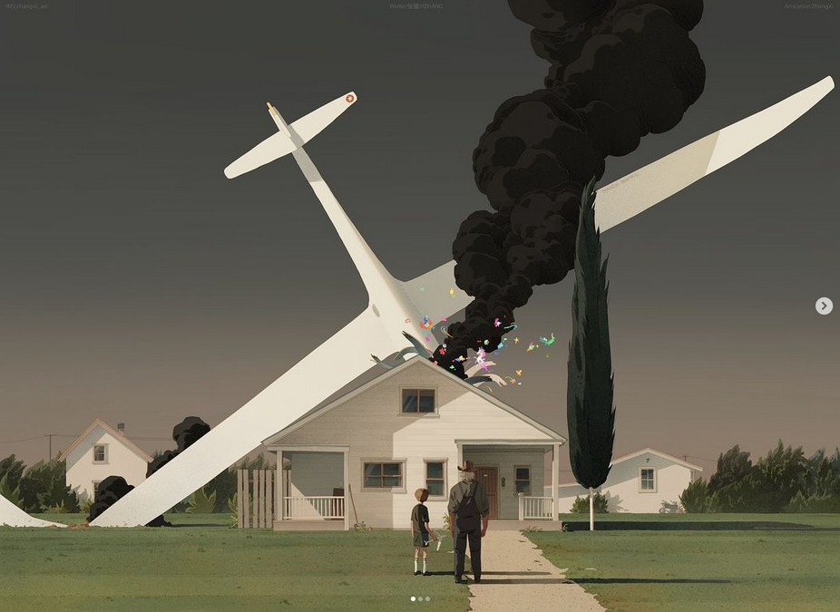 a white airplane crashes into a house in a suburban neighborhood. the plane is broken into pieces and the house is on fire. a man and a boy stand in the yard, looking at the wreckage. the sky is filled with smoke and debris. the image is a surreal and unsettling depiction of the aftermath of a disaster.