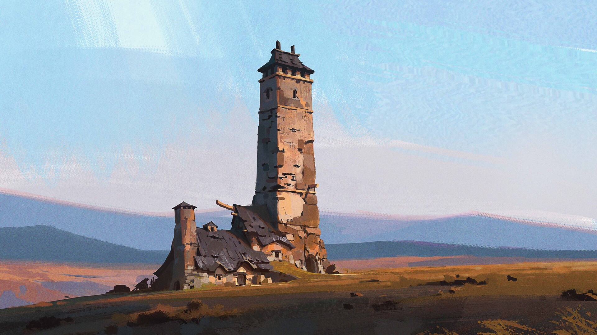 this image is a digital painting of a ruined tower and house in a field. the tower is tall and slender, with a pointed roof. the house is smaller and attached to the base of the tower. both structures are made of stone and are in a state of disrepair. the field is dry and brown, and there are mountains in the distance. the sky is blue and cloudy. the overall impression is one of isolation and decay.