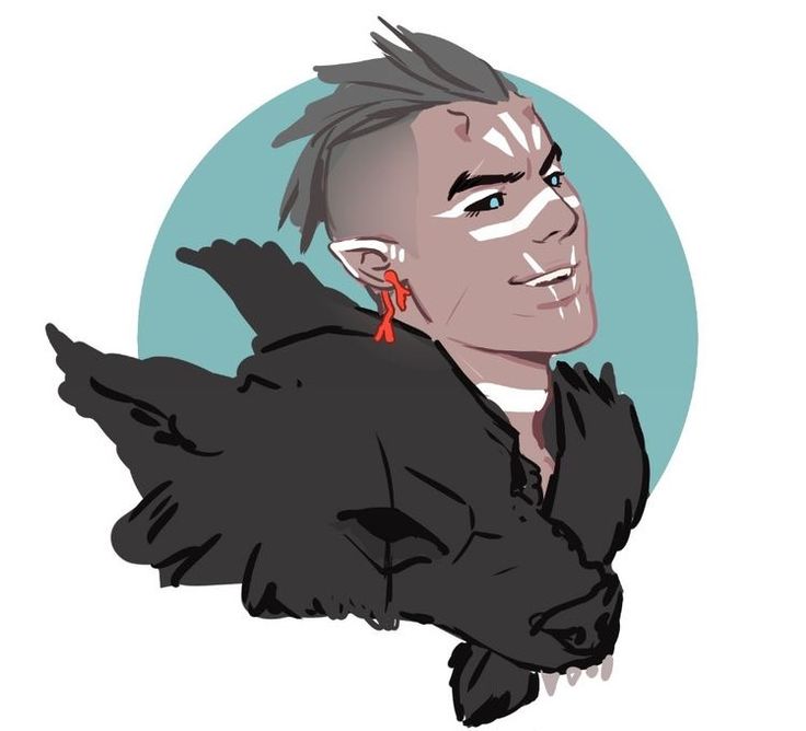 this digital illustration shows a smiling, manlike figure in front of a blue circular background. the character has gray hair styled in a mohawk, sharp facial features, bright blue eyes, and white painted lines on his face. he is wearing a black fur coat with a red necklace and black pointed wolf ears. the character is shown from the shoulders up.