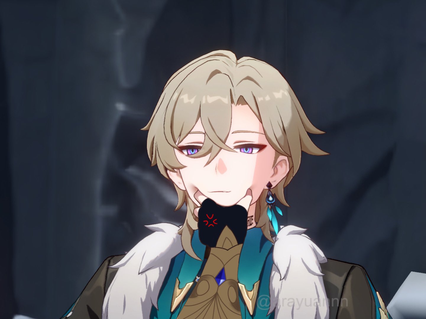 digital fanart depicting albedo from genshin impact.  the image is a closeup portrait of albedo, who has his chin resting on his hand, giving a subtle smirk. he is dressed in his signature outfit with elegant, teal and gold colored clothing.  a small, red angry emoji is edited onto his hand. the background is dark and blurred, focusing the attention on albedo. the style is consistent with the anime aesthetic of the game.  a watermark is visible in the bottom right corner.