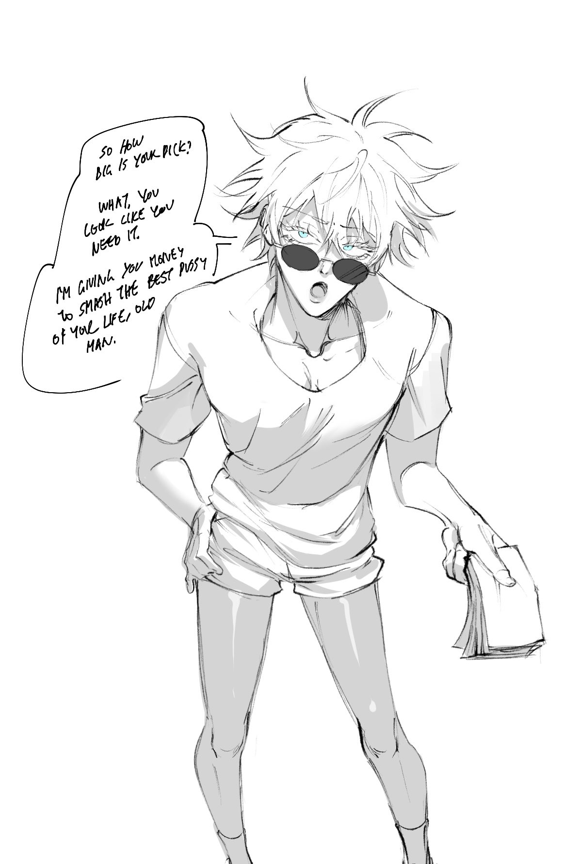 a sketch of a young animestyle male character with white hair and sunglasses. he's wearing a simple tshirt and short shorts. a speech bubble above him contains suggestive text implying he's offering sexual favors in exchange for money. the overall style is rough and informal, characteristic of a quick sketch or concept art. the character's expression is confident and slightly arrogant.