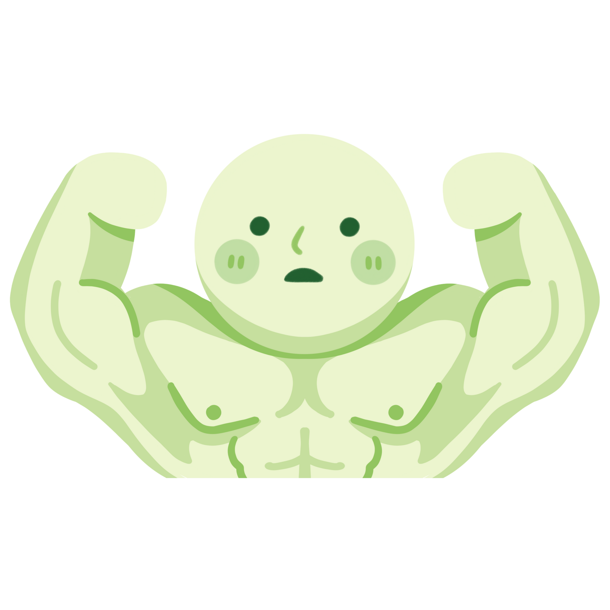 the image depicts a cute cartoon character with a round head and a muscular body, flexing its biceps. the character's skin is a light green color, and it has simple facial features, including two small eyes, a small nose, and a small mouth.  the arms are large and bulging, showing off its impressive muscles.  the overall style is simple and playful.