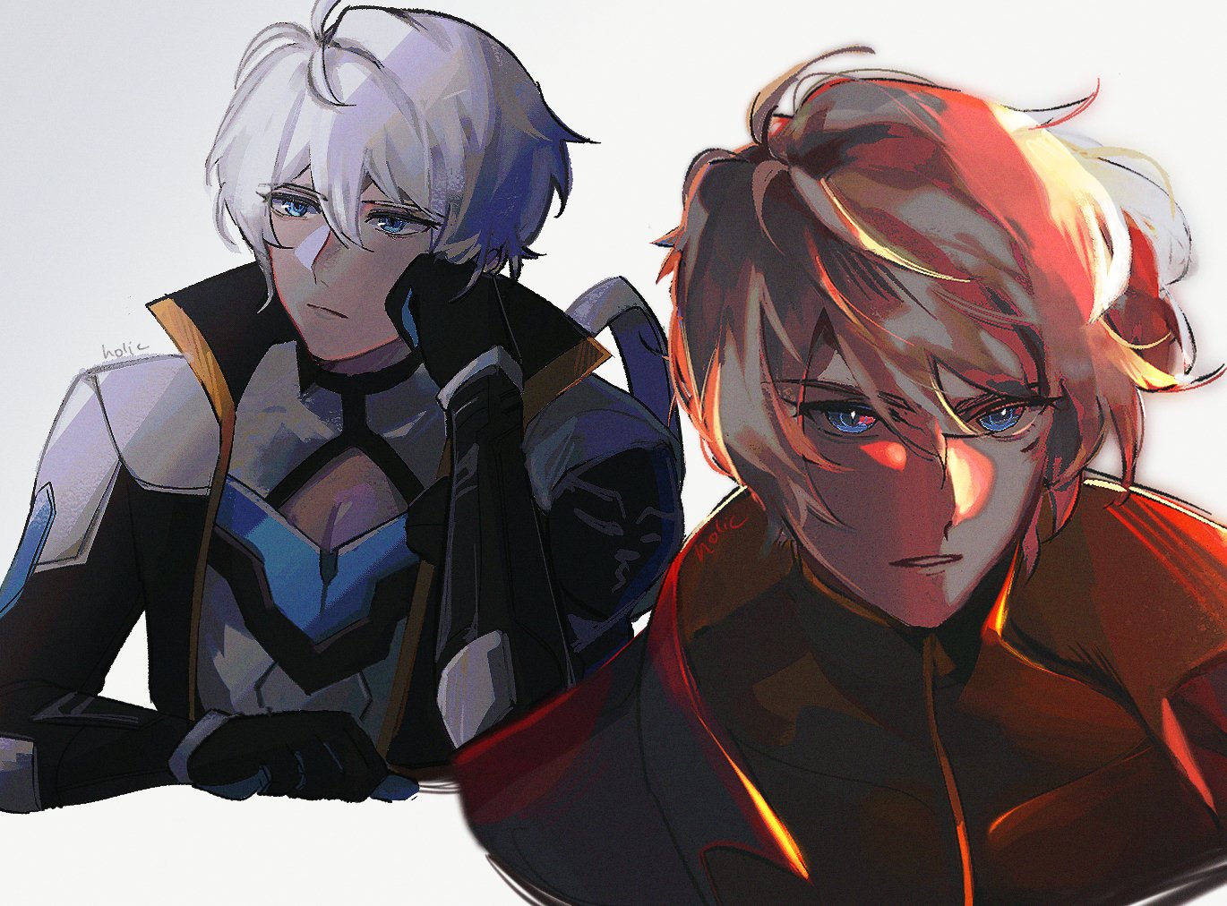 an animestyle drawing features two male characters. on the left, a character with white hair, blue eyes, and a thoughtful expression rests his chin on his gloved hand. he wears a futuristic white, blue, and black uniform with gold accents. behind him, a masked figure is partially visible. to the right, another male character with orange hair and blue eyes gazes forward. dramatic lighting highlights his face and upper body, where he wears a dark uniform with orange and red accents. the artwork is signed "holic."