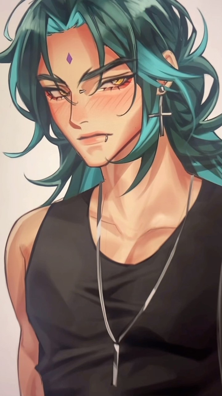 the image is a stylized digital painting of a young animestyle man. he has long, tealgreen hair, a cross earring, a necklace with a long pendant, and a small gemstone marking on his forehead. he's wearing a black tank top and has a slight blush on his cheeks. his expression is serious, almost sullen. the art style is smooth and detailed, with soft shading and vibrant colors. the overall mood is one of quiet intensity.
