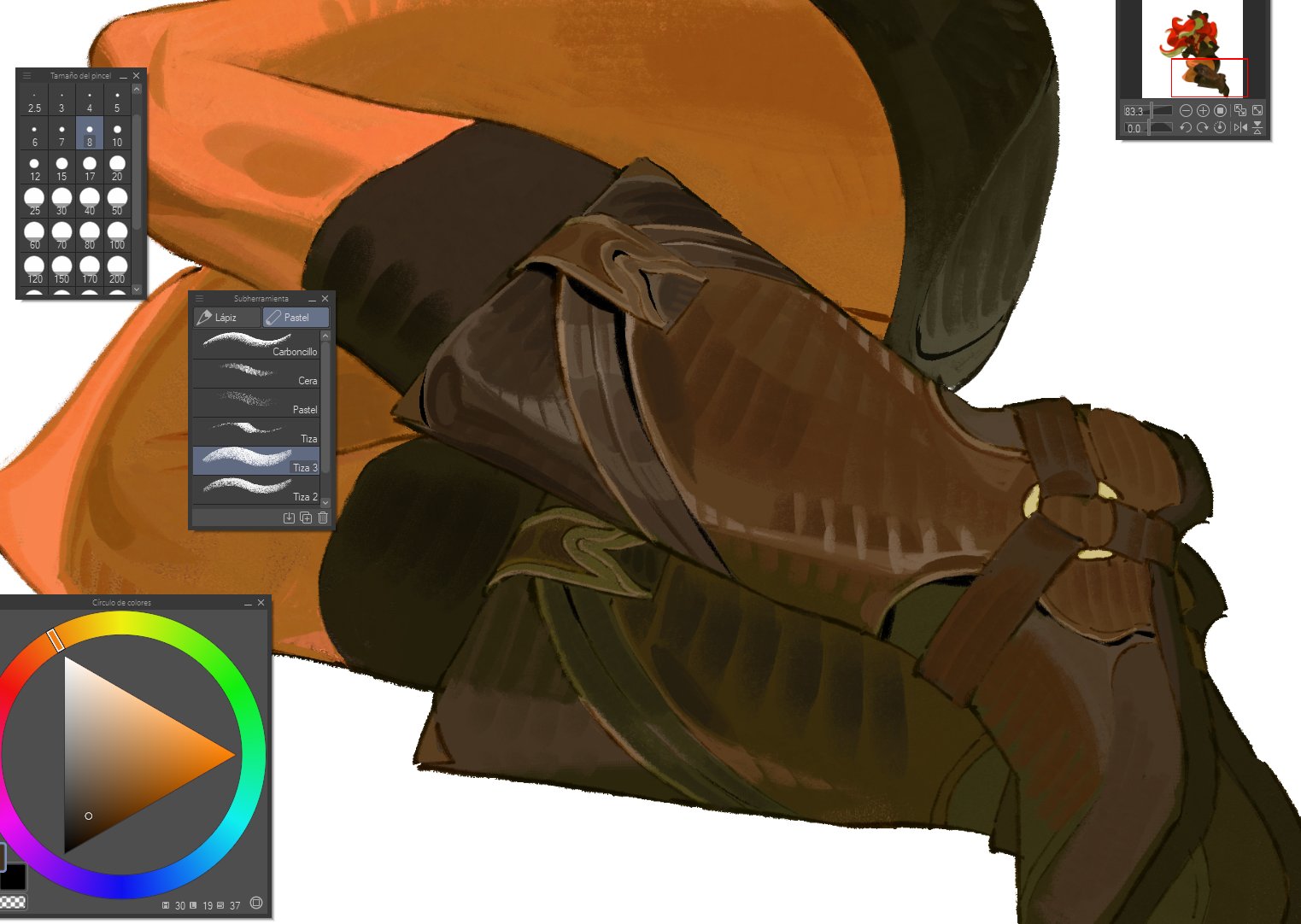the image showcases a digital painting in progress. the main focus is on the detailed rendering of a female character's leather armor, depicted in rich browns and oranges.  various digital art tools and palettes are visible in the image, including a color wheel, brush settings menu, and a layer palette.  a smaller inset shows a complete painted image of a similar character, perhaps a reference image. the overall style leans toward fantasy art, emphasizing texture and detail in the character's clothing. the image is a clear example of a digital painting workflow, showing the artist's tools and process.
