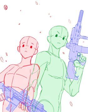 this is a digital art illustration that depicts a sketch of a couple. the couple is in an action pose, with the male character holding a rifle. the art style is minimalist and the drawing is in a light color palette. the characters are in an action pose with the male holding a rifle. the drawing is meant to be a guide for artists who are interested in drawing dynamic poses.