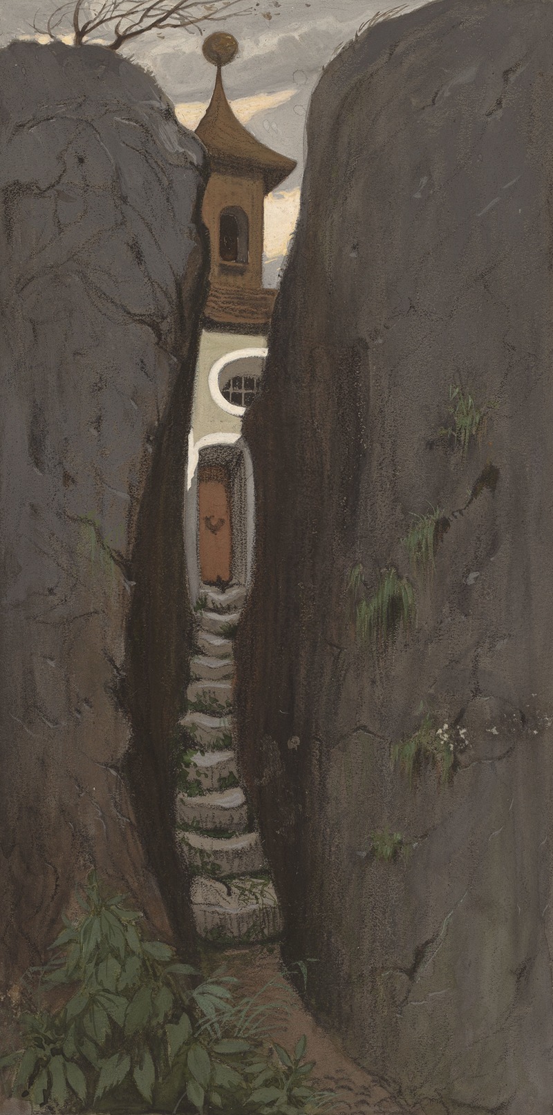this painting depicts a chapel or small building nestled between two massive rock formations. a narrow set of stone steps leads up to the building's entrance, which includes a door and a round window above it. the building has a tower with a distinctive rounded top. foliage and plants grow around the base of the rocks and on the steps, adding a touch of nature to the scene. the sky is overcast, creating a somber mood. the painting focuses on the architecture and the natural environment, creating a unique blend of manmade and natural elements.