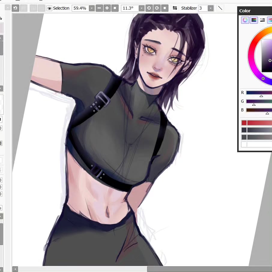 he image shows a digital drawing in progress of a stylized animestyle female character. the character has dark hair, golden eyes, and is wearing a darkcolored cropped top with a harnesslike detail. the artist is using clip studio paint software, as evidenced by the interface elements visible in the image. the color palette is visible in a separate window on the righthand side, showing a range of dark and muted colors. the drawing is in a relatively unfinished state, showing some linework and shading.  the perspective is slightly from above and to the side, creating an engaging angle.